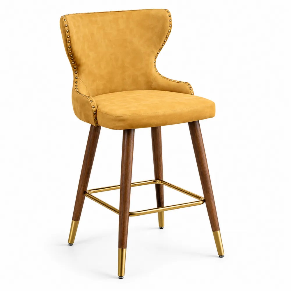 Tabouret de bar en bois avec revêtement en velours jaune
