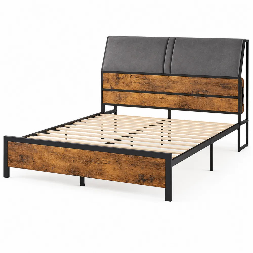 Lit double en métal et bois avec tête de lit en similicuir 140x200 cm