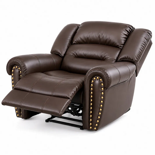 Fauteuil inclinable en cuir synthétique marron avec repose-pieds et clous décoratifs