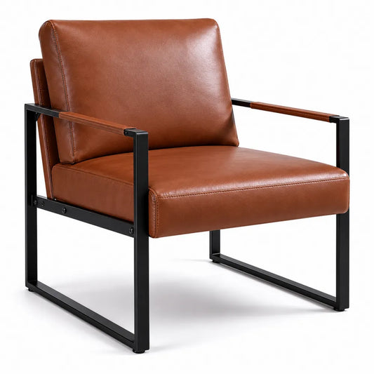 Fauteuil en cuir synthétique marron avec cadre en métal