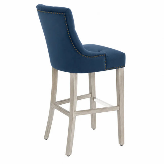 Tabouret de bar en bois avec siège en simili-cuir bleu