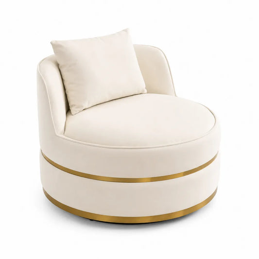 Fauteuil rotatif en tissu crème et métal doré