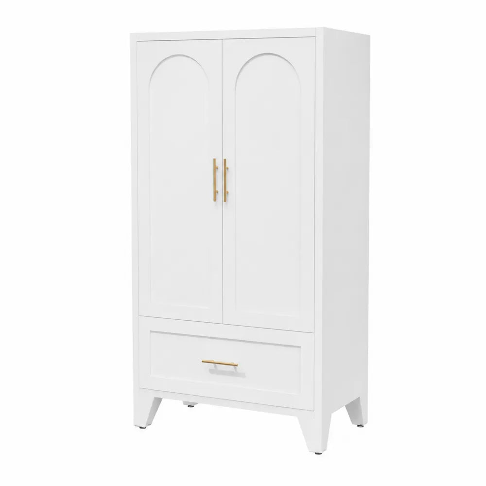 Armoire bois blanc poignées dorées 2 portes 1 tiroir