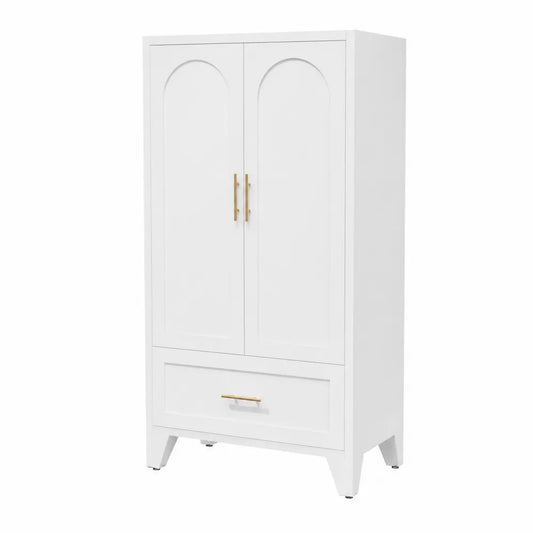 Armoire bois blanc poignées dorées 2 portes 1 tiroir
