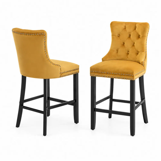 Tabourets de bar en velours avec pieds en bois Noir, Jaune, ensemble de 2