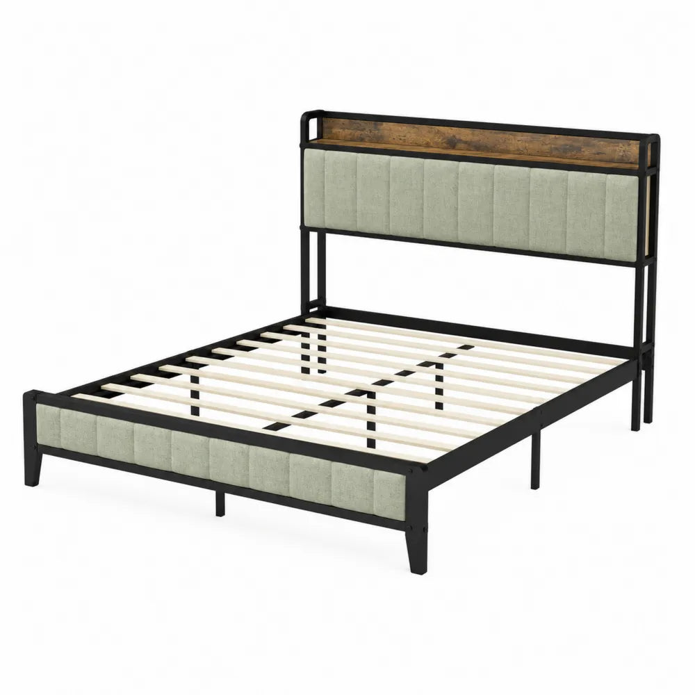 Lit Double en Métal Noir avec Tête de Lit en Tissu Beige et Détail en Bois