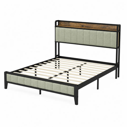 Lit Double en Métal Noir avec Tête de Lit en Tissu Beige et Détail en Bois