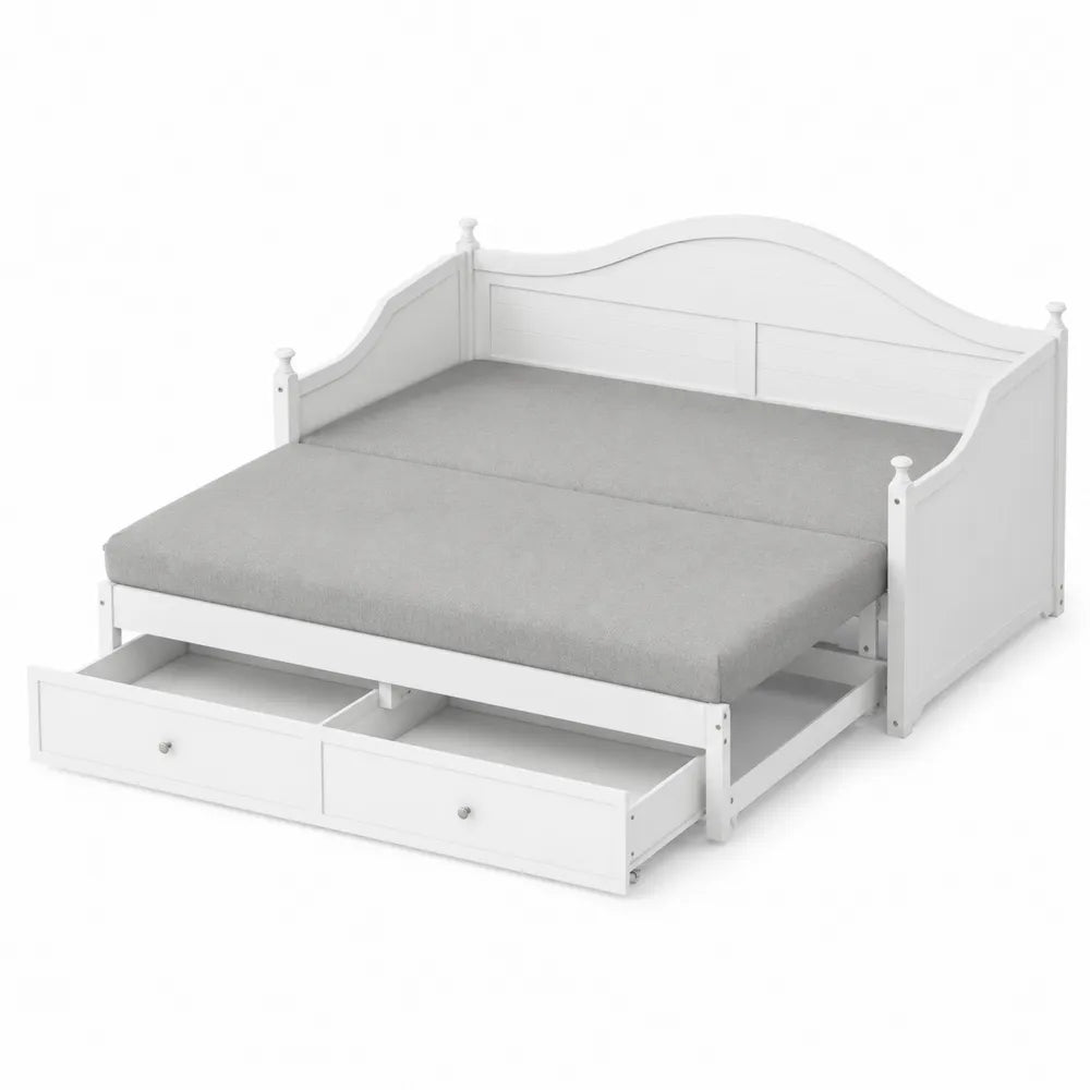 Lit gigogne bois avec matelas en polyester et tiroirs Blanc/Gris