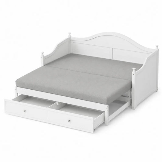 Lit gigogne bois avec matelas en polyester et tiroirs Blanc/Gris