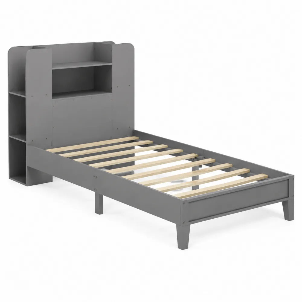 Lit simple en bois MDF Gris avec étagère 90x200 cm