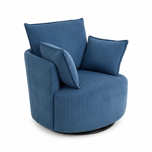 Fauteuil pivotant en tissu bleu avec coussins
